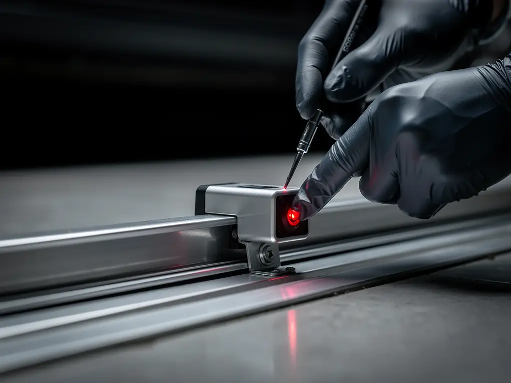 Technician aligning a garage door safety sensor
