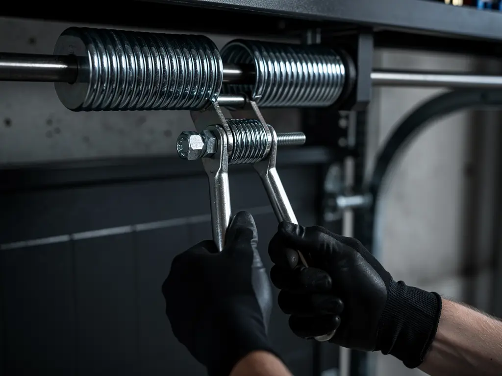 Technician winding a heavy-duty torsion spring