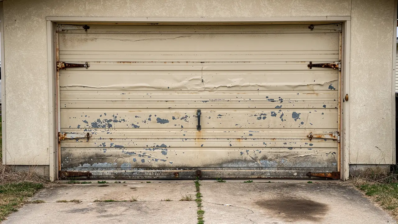 Worn garage door before replacement