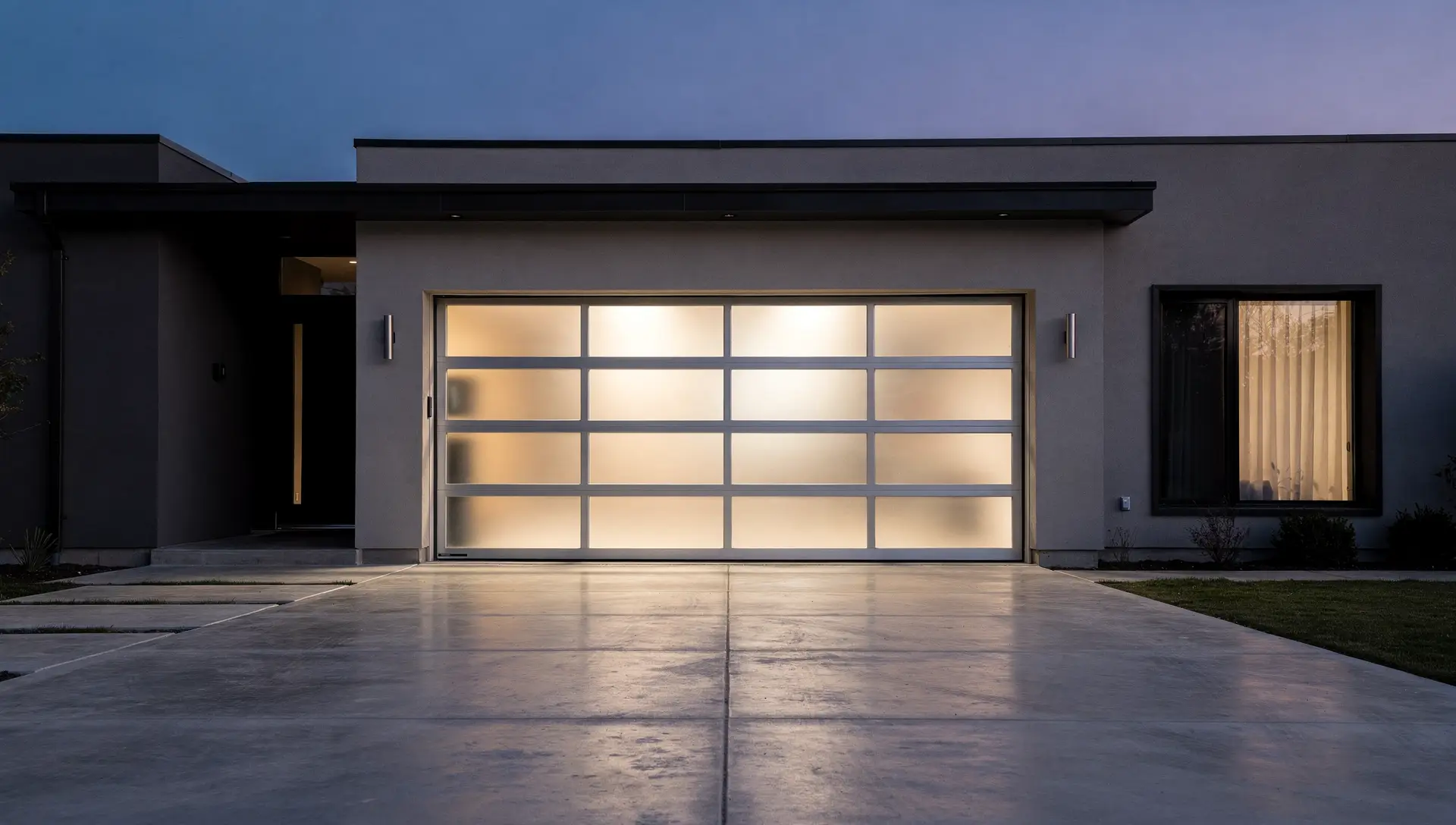 Modern frosted-glass garage door installed by Trust Garage Door