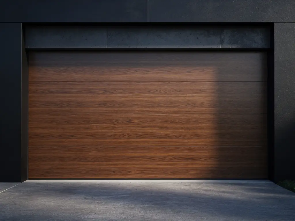 Minimalist flush panel wood-grain garage door