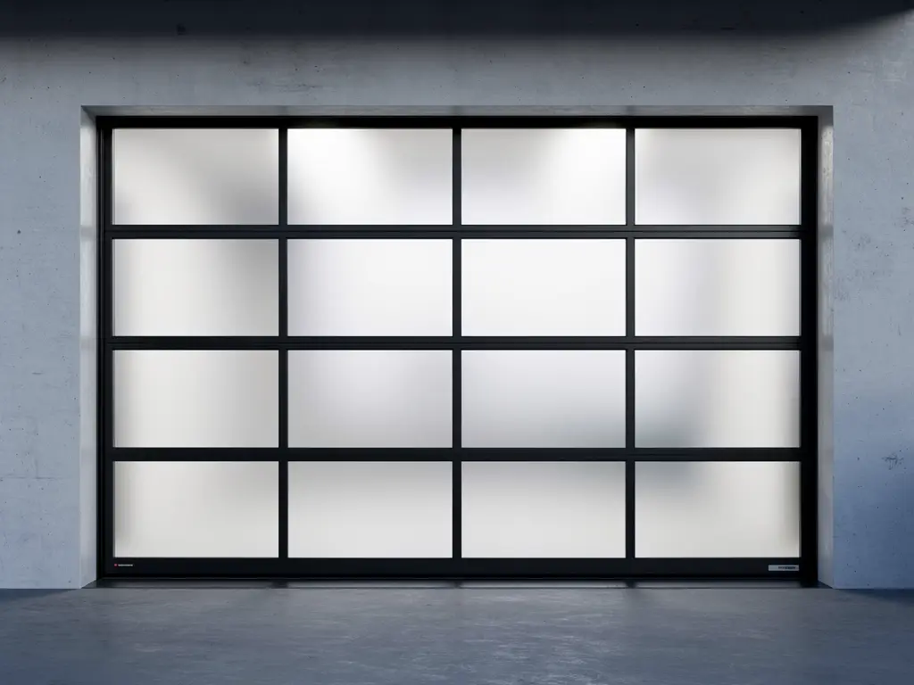 Modern frosted glass garage door with black aluminum framing
