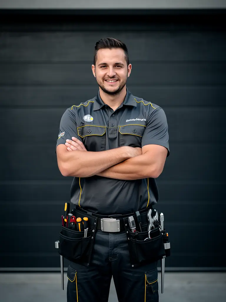 Trust Garage Door technician in front of a newly installed door